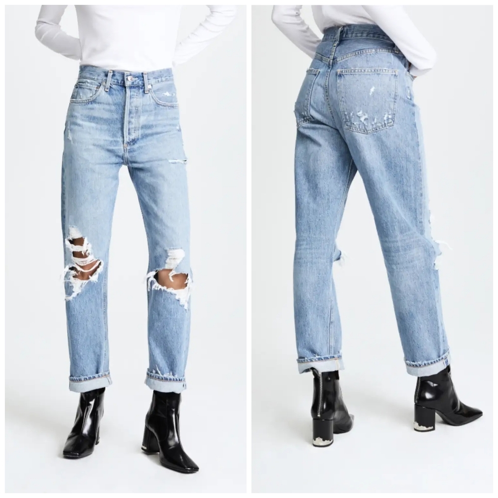 Agolde Light Blue Distressed Straight Leg Jeans